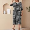 Women's Plus Size Houndstooth Button Front Round Neck Split Hem Bodycon Dress