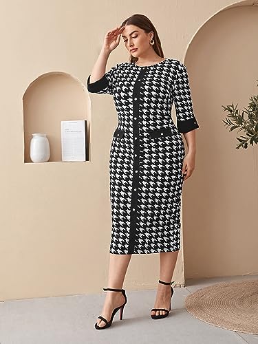 Women's Plus Size Houndstooth Button Front Round Neck Split Hem Bodycon Dress