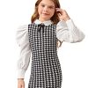 Girl's Houndstooth Long Puff Sleeve Fitted Mini Dress Vintage Cute Dress