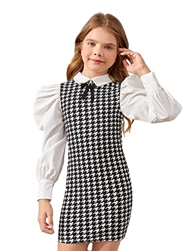 Girl's Houndstooth Long Puff Sleeve Fitted Mini Dress Vintage Cute Dress