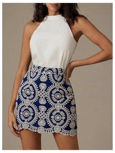 Women's Boho Tribal Print Scallop Trim Summer Zipper Bodycon Mini Skirt