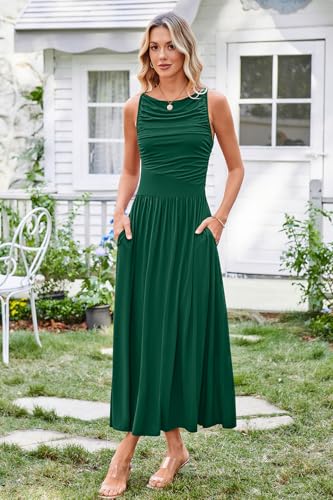 Women 2025 Summer Maxi Dresses Vacation Ruched Boat Neck Tank Flowy Elegant Party Long Formal Dress Pockets