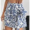 Women's Allover Print Knot Side High Waist Wrap Skirt Zipper Back Boho Mini Skirt