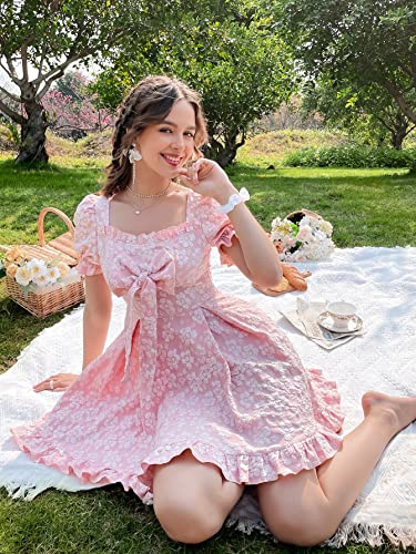 Women's Floral Print Square Neck Bow Front Puff Short Sleeve Ruffle Hem A Line Dress