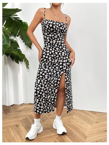 Women's Floral Print Split Thigh Midi Cami Dress Square Neck High Waist Slim Fit Summer Dress