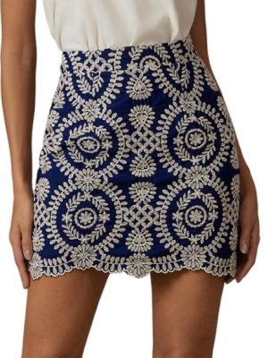 Women's Boho Tribal Print Scallop Trim Summer Zipper Bodycon Mini Skirt