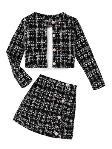 Girl's 2 Piece Outfits Plaid Tweed Half Sleeve Jacket and Ruffle Mini Skirt Set