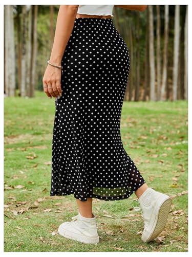 Women's Polka Dots Fishtail Midi Skirt Elastic Waist Ruffle Hem Mesh Bodycon Skirt