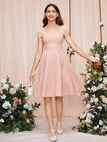 Girl's Appliques Mesh Puff Sleeve Square Neck Ruffle Hem Dress