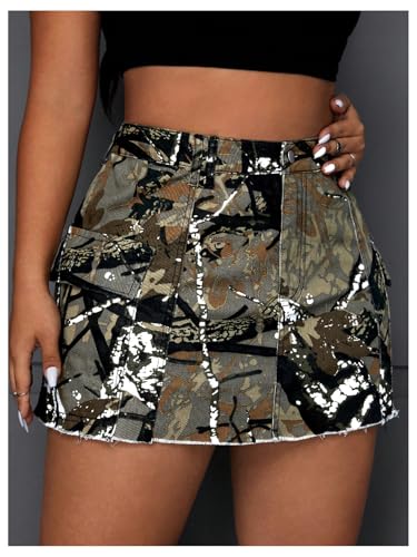 Women's Plus Size Y2K Mini Denim Skirt High Waist Bodycon Cargo Skirts with Flap Pocket