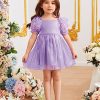 Girl's Cute Appliques Short Puff Sleeve Square Neck Dress Ruffle Trim Knee Length Dress