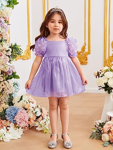 Girl's Cute Appliques Short Puff Sleeve Square Neck Dress Ruffle Trim Knee Length Dress