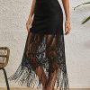 Women's Boho Solid Fringe Hem Lace See through High Waisted Casual Overlay Long Skirt