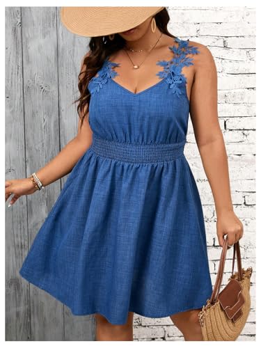 Women's Plus Size Lace Appliques A Line Short Sundress Smocked V Neck Sleeveless Tank Dress