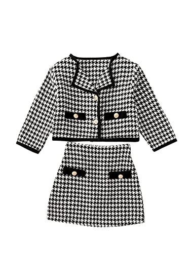 Girl's 2 Piece Houndstooth Outfits Tweed Jacket and Skirt Set Tea Party Suits
