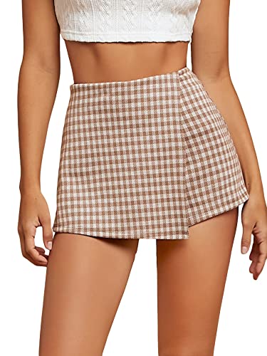 Women's Plaid High Waisted Asymmetrical Vintage Skirt Casual Shorts Skort