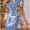 Women's Summer Casual Boho Floral Print Short Sleeve Wrap V Neck Ruffle Hem A Line Dress