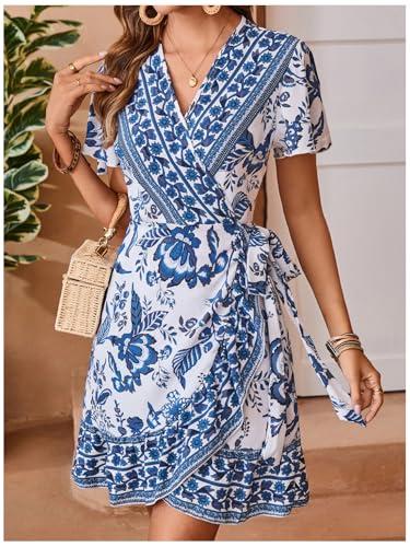 Women's Summer Casual Boho Floral Print Short Sleeve Wrap V Neck Ruffle Hem A Line Dress