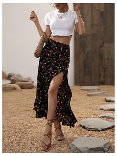 Women's Boho Floral Print Ruffle Maxi Skirt High Waisted Split Long Skirts