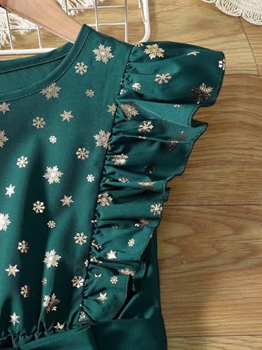 Girl's Flounce Sleeve Belted Gold Snowflake Party Swing A Line Dress
