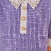 Girl's Pearls Trim Tweed Contrast Collar Button Front Short Sleeve Casual Dress