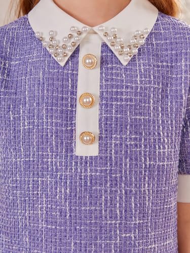 Girl's Pearls Trim Tweed Contrast Collar Button Front Short Sleeve Casual Dress