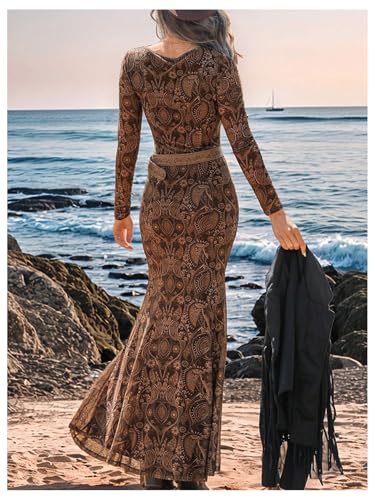 Women's Paisley Print Cut Out Fishtail Maxi Dress Long Sleeve V Neck Western Bodycon Dresses