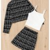 Girl's 2 Piece Outfits Plaid Tweed Half Sleeve Jacket and Ruffle Mini Skirt Set