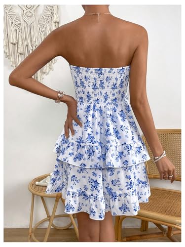 Women's Floral Print Ruffle Hem Tiered Layer Backless Shirred Tube A Line Dress