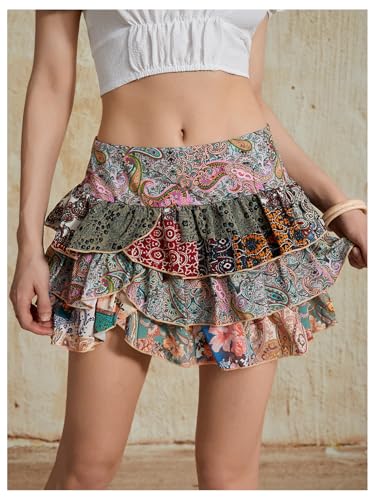 Women's Paisley Print Tiered Layers Mini Cake Skirt Low Rise Vacation Bohemian Skirt