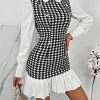 Women's Houndstooth Print Long Puff Sleeve Collared Pleated Button Front Mini Dress