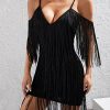 Women's Fringe Trim Cold Shoulder Short Sleeve Bodycon Party Flapper Mini Dress