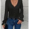 Women's Swiss Dots Lace Trim Blouse V Neck Long Sleeve Top