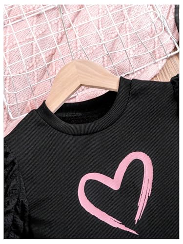 Girl's 2 Pieces Outfits Heart Print Puff Short Sleeve T Shirt and A Line Skirts Sets