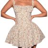 Women's Floral Print A Line Mini Dresses Bow Smocked Ruffle Hem Cami Dress