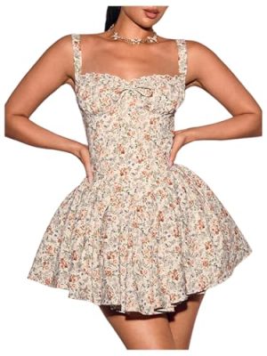 Women's Floral Print A Line Mini Dresses Bow Smocked Ruffle Hem Cami Dress