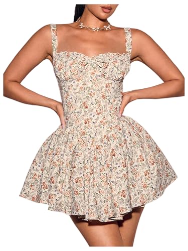 Women's Floral Print A Line Mini Dresses Bow Smocked Ruffle Hem Cami Dress
