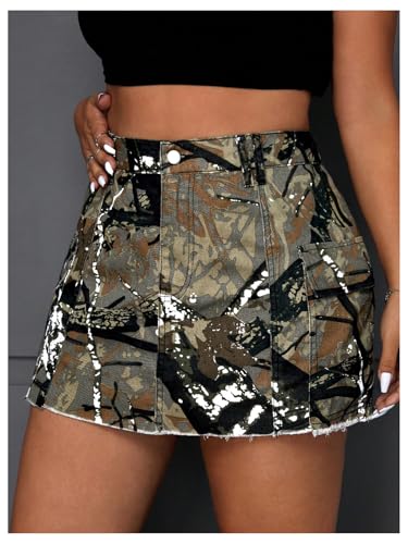 Women's Plus Size Y2K Mini Denim Skirt High Waist Bodycon Cargo Skirts with Flap Pocket