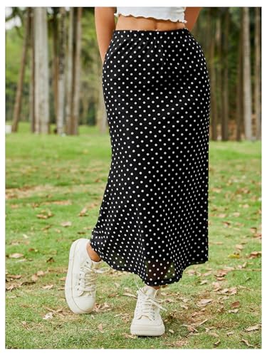 Women's Polka Dots Fishtail Midi Skirt Elastic Waist Ruffle Hem Mesh Bodycon Skirt