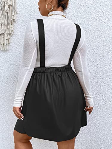 Women's Plus Size PU Leather Overalls Sleeveless Flare Hem Solid Pinafore Dress