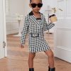 Girl's 2 Piece Outfits Houndstooth Print Double Button Long Sleeve Jacket and Cami Dress Set