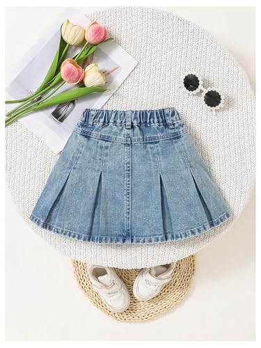 Toddler Girl's Cute Cherry Embroidery Pleated Denim Skirt Elastic Waist Short Jean Skirts