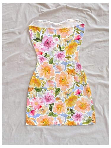 Women's Floral Strapless Bodycon Mini Dress Sleeveless Summer Beach Tube Dresses