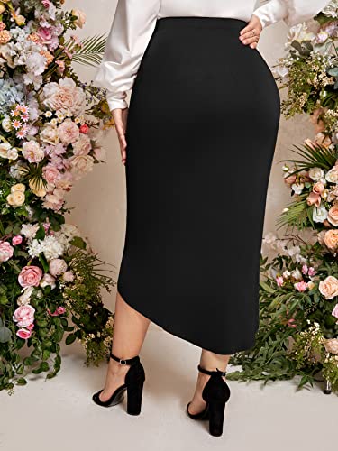 Women's Plus Size High Waist Ruched Wrap Asymmetrical Hem Midi Bodycon Skirt