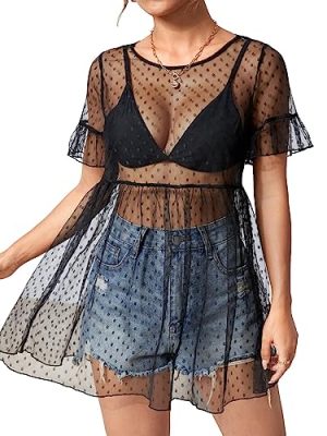Women's Polka Dots Sheer Mesh Mini Dress Short Sleeve Ruffle Hem Flared Dresses