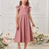 Girl's Ruffle Trim Layered Sleeve Lace Pleated Lapel Zipper Collar Button Front Casual Dress