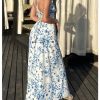 Women's Floral Print Ruched Square Neck Maxi Dress Tie Back High Slit Flared Dresses