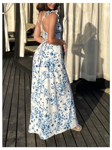 Women's Floral Print Ruched Square Neck Maxi Dress Tie Back High Slit Flared Dresses
