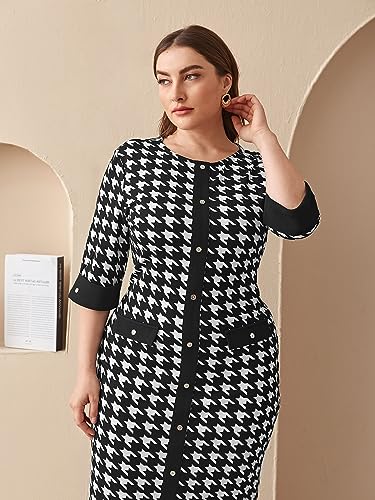 Women's Plus Size Houndstooth Button Front Round Neck Split Hem Bodycon Dress