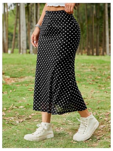 Women's Polka Dots Fishtail Midi Skirt Elastic Waist Ruffle Hem Mesh Bodycon Skirt